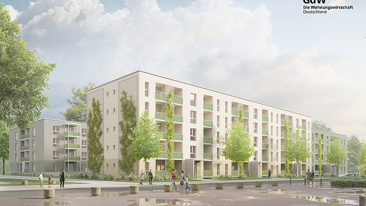 Visualisierung eines MOLENO-Mehrfamilienhauses Quartier Ostpark Rüsselsheim
