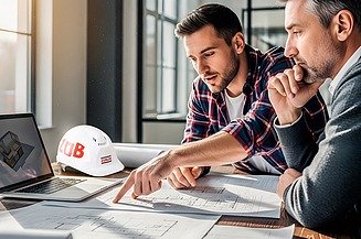 Bild zwei Männer im Gespräch vor Laptop und Planungsunterlagen