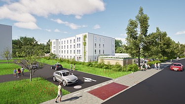 Visualisierung der Gemeinschaftsunterkunft in Ettlingen. Modernes Gebäude mit weißer Putzfassade