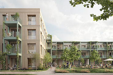 Visualisierung Wohngebäude Hangweide in Kernen Visualisierung Wohngebäude Hangweide in Kernen mit Holzfassade