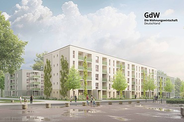 Visualisierung eines Wohngebäudes in Holz-Hybridbausweise für die Gewobau in Rüsselsheim
