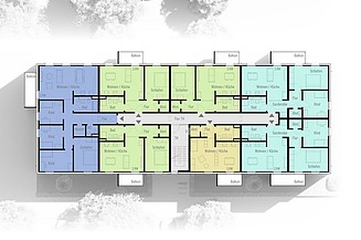 Ansicht eines GdW-Regelgrundrisses von ZÜBLIN mit 7 Wohneinheiten