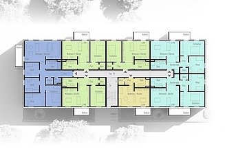 Ansicht eines GdW-Regelgrundrisses von ZÜBLIN mit 7 Wohneinheiten