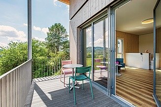 Blick ins Grün von einem Balkon mit Holzfassade 