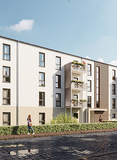 Ansicht GdW-Gebäude von ZÜBLIN in serieller Holz-Hybridbauweise
