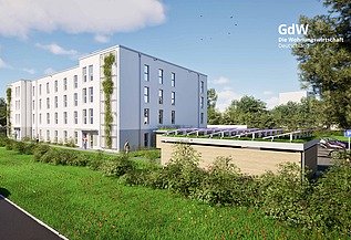 Visualisierung eines Wohngebäudes in Holz-Hybridbausweise als Gemeinschaftsunterkunft in Ettlingen