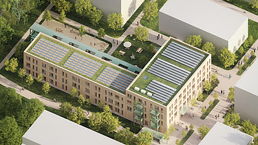 Luftansicht Gebäude Hangweide Kernen Luftansicht Wohngebäude Hangweide Kernen mit Photovoltaik-Anlage