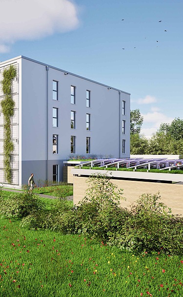 Visualisierung eines Wohngebäudes in Holz-Hybridbausweise als Gemeinschaftsunterkunft in Ettlingen
