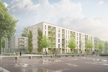 Visualisierung eines Wohngebäudes in Holz-Hybridbausweise für die Gewobau in Rüsselsheim
