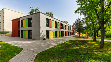 Außenansicht der Kindertagesstätte mit Garten Außenansicht der Kindertagesstätte mit Garten