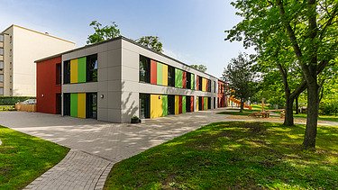 Außenansicht der Kindertagesstätte mit Garten Außenansicht der Kindertagesstätte mit Garten