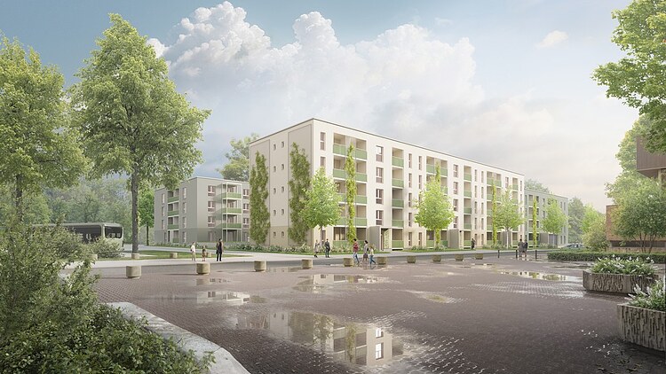 Visualisierung eines MOLENO-Mehrfamilienhauses Quartier Ostpark Rüsselsheim