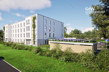 Visualisierung eines Wohngebäudes in Holz-Hybridbausweise als Gemeinschaftsunterkunft in Ettlingen