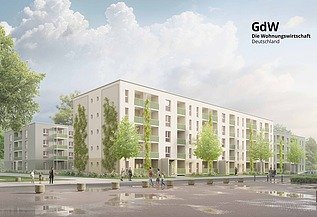 Visualisierung eines Wohngebäudes in Holz-Hybridbausweise für die Gewobau in Rüsselsheim