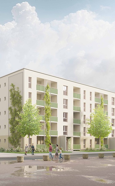 Visualisierung eines Wohngebäudes in Holz-Hybridbausweise für die Gewobau in Rüsselsheim