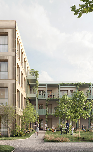 Visualisierung Wohngebäude Hangweide in Kernen Visualisierung Wohngebäude Hangweide in Kernen mit Holzfassade