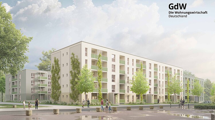 Visualisierung eines Wohngebäudes in Holz-Hybridbausweise für die Gewobau in Rüsselsheim
