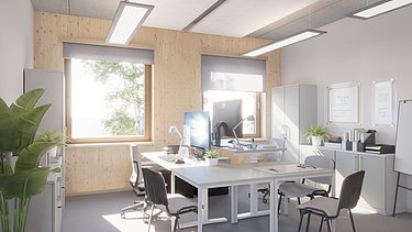 Dienstleistungszentrum Eisenberg, Innenraum-Visualisierung eines Doppelbüros des Neubaus in Holz-Hybridbauweise
