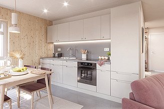 Visualisierung eines Wohnraumes mit Küchenzeile und Wänden in Holzoptik
