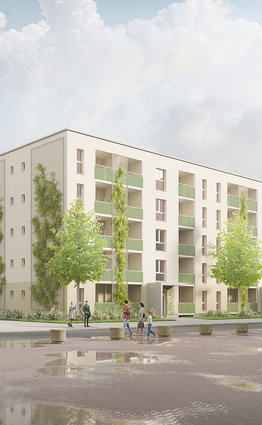 Visualisierung eines Wohngebäudes in Holz-Hybridbausweise für die Gewobau in Rüsselsheim