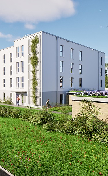 Visualisierung eines Wohngebäudes in Holz-Hybridbausweise als Gemeinschaftsunterkunft in Ettlingen