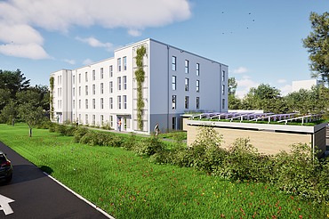 Visualisierung eines Wohngebäudes in Holz-Hybridbausweise als Gemeinschaftsunterkunft in Ettlingen